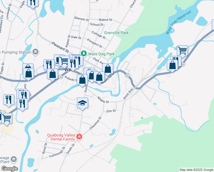 map of restaurants, bars, coffee shops, grocery stores, and more near 1 East Main Street in Ware