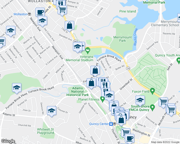 map of restaurants, bars, coffee shops, grocery stores, and more near 8 Gilmore Street in Quincy