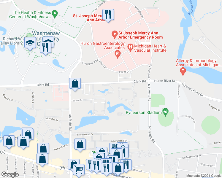 map of restaurants, bars, coffee shops, grocery stores, and more near 1459 Chateau Vert East in Ypsilanti