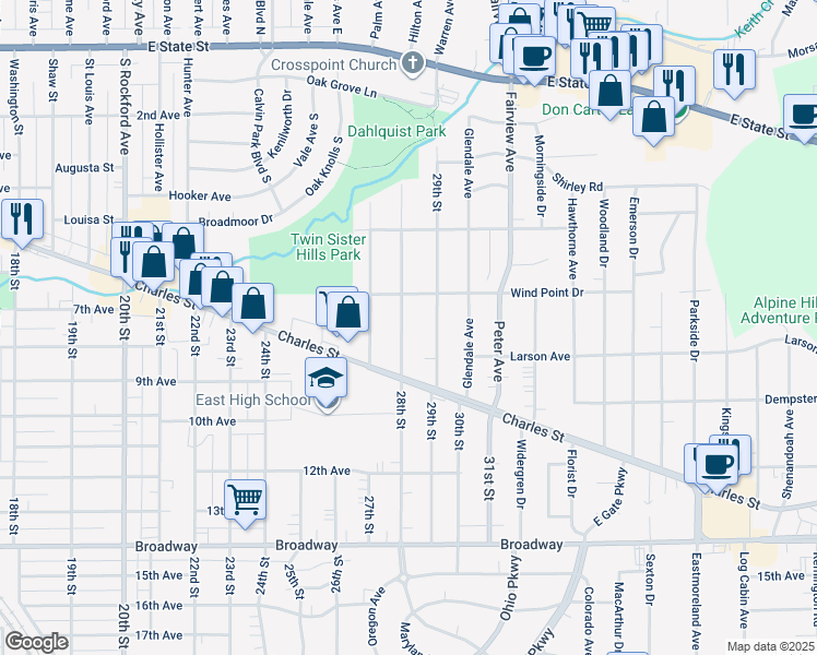 map of restaurants, bars, coffee shops, grocery stores, and more near 804 28th Street in Rockford