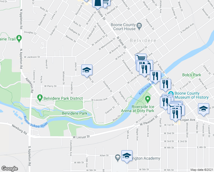 map of restaurants, bars, coffee shops, grocery stores, and more near 200 Goodrich Street in Belvidere
