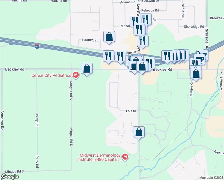 map of restaurants, bars, coffee shops, grocery stores, and more near 275 Lois Drive in Battle Creek