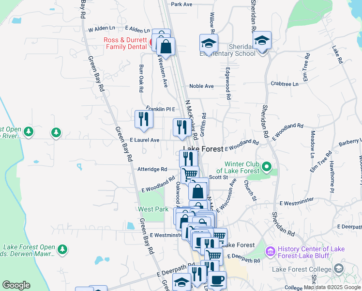 map of restaurants, bars, coffee shops, grocery stores, and more near 160 East Laurel Avenue in Lake Forest