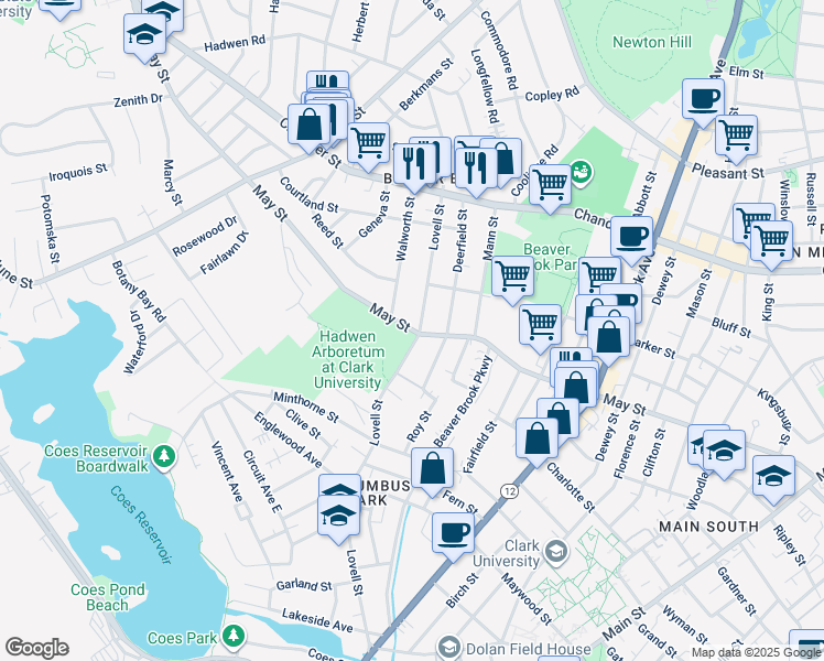 map of restaurants, bars, coffee shops, grocery stores, and more near 155 May Street in Worcester
