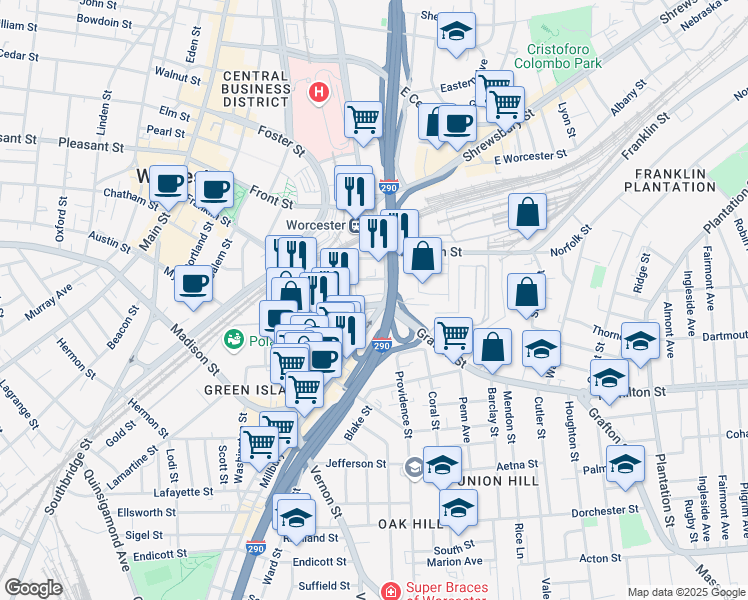 map of restaurants, bars, coffee shops, grocery stores, and more near 87 Temple Street in Worcester