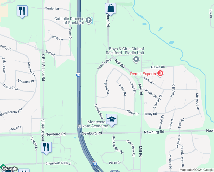 map of restaurants, bars, coffee shops, grocery stores, and more near 1114 Ingram Road in Rockford