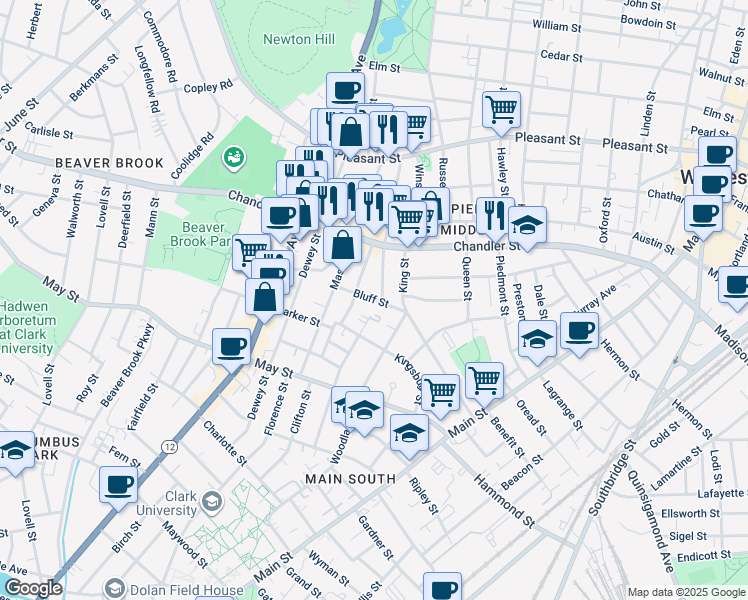 map of restaurants, bars, coffee shops, grocery stores, and more near 13-1/2 Bluff Street in Worcester