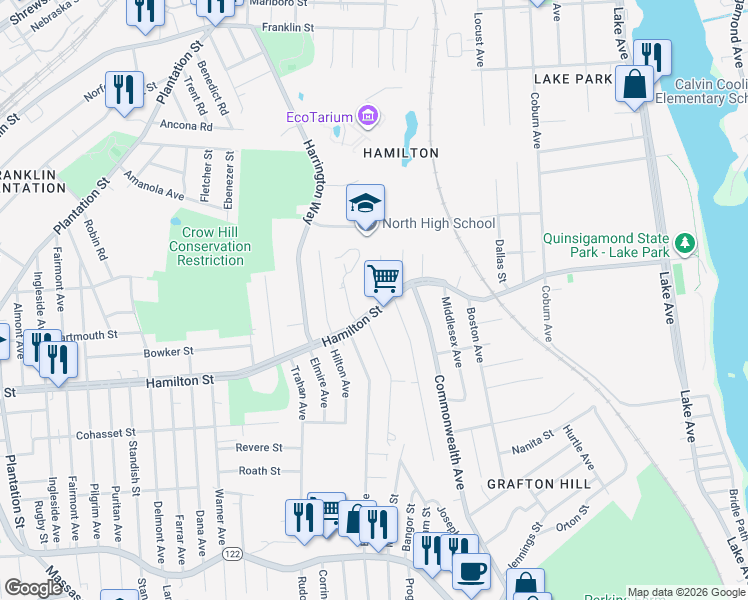 map of restaurants, bars, coffee shops, grocery stores, and more near 3 Jonathan Circle in Worcester