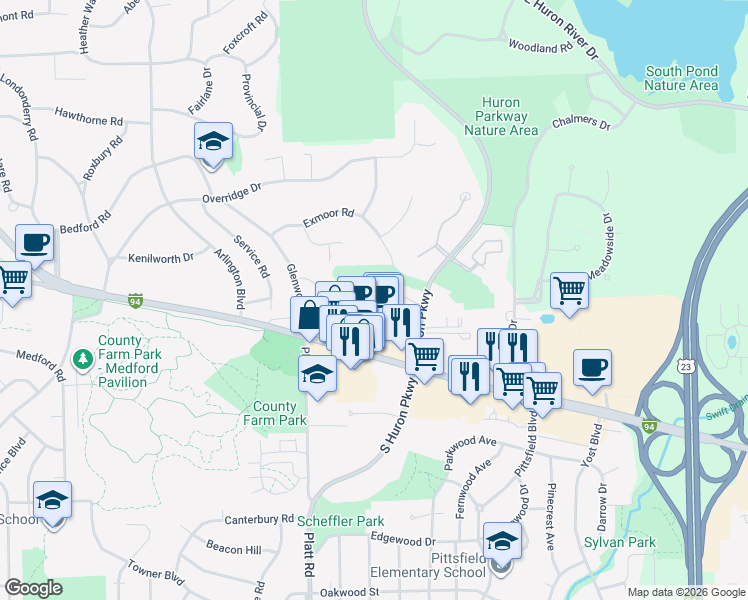 map of restaurants, bars, coffee shops, grocery stores, and more near 3161 Asher Road in Ann Arbor