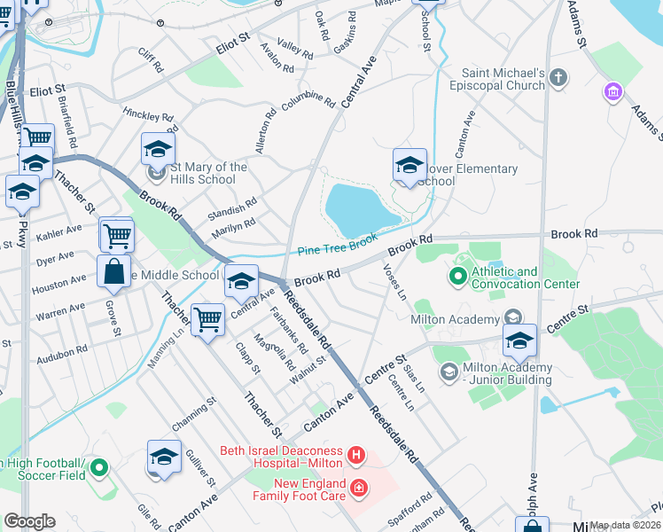 map of restaurants, bars, coffee shops, grocery stores, and more near 500 Brook Road in Milton