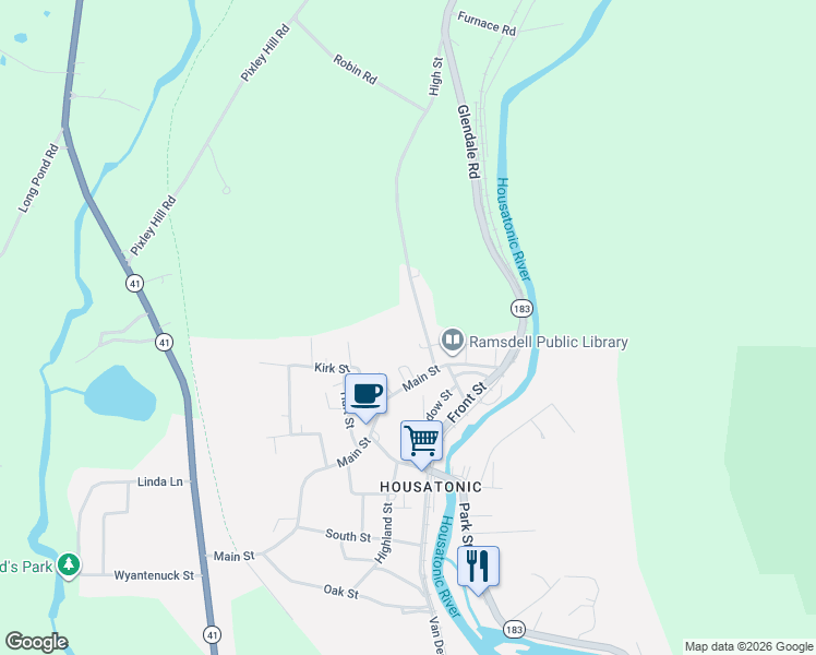 map of restaurants, bars, coffee shops, grocery stores, and more near 24A High Street in West Stockbridge