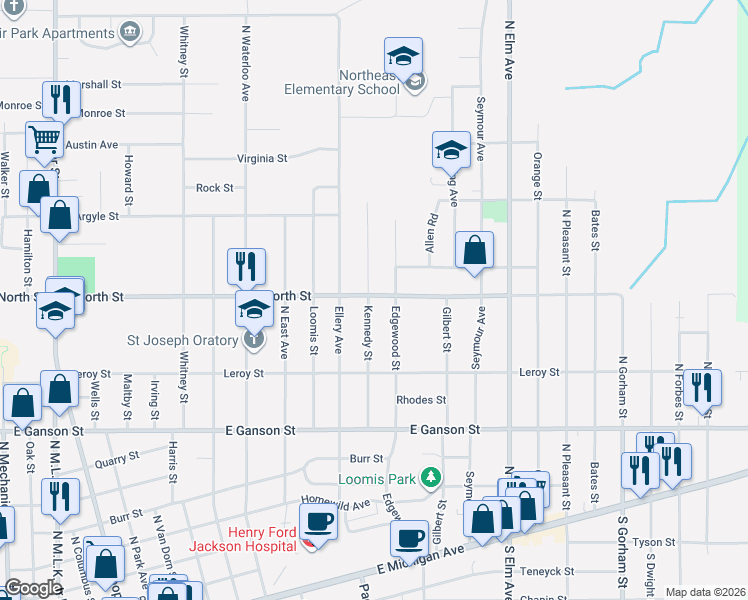 map of restaurants, bars, coffee shops, grocery stores, and more near 749 Kennedy Street in Jackson