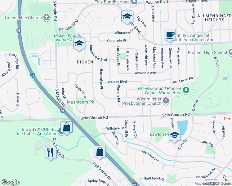 map of restaurants, bars, coffee shops, grocery stores, and more near 1711 Glastonbury Road in Ann Arbor