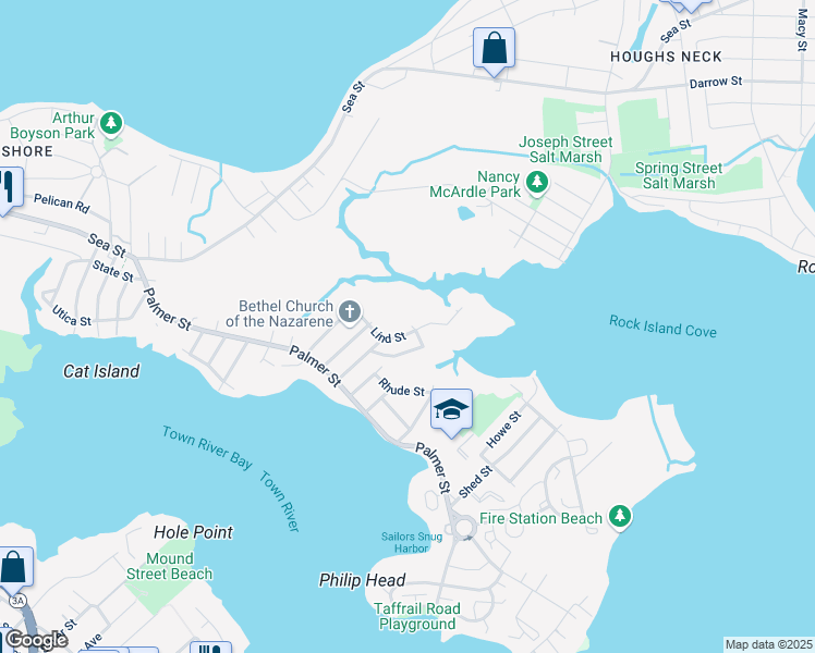 map of restaurants, bars, coffee shops, grocery stores, and more near 34 Lind Street in Quincy