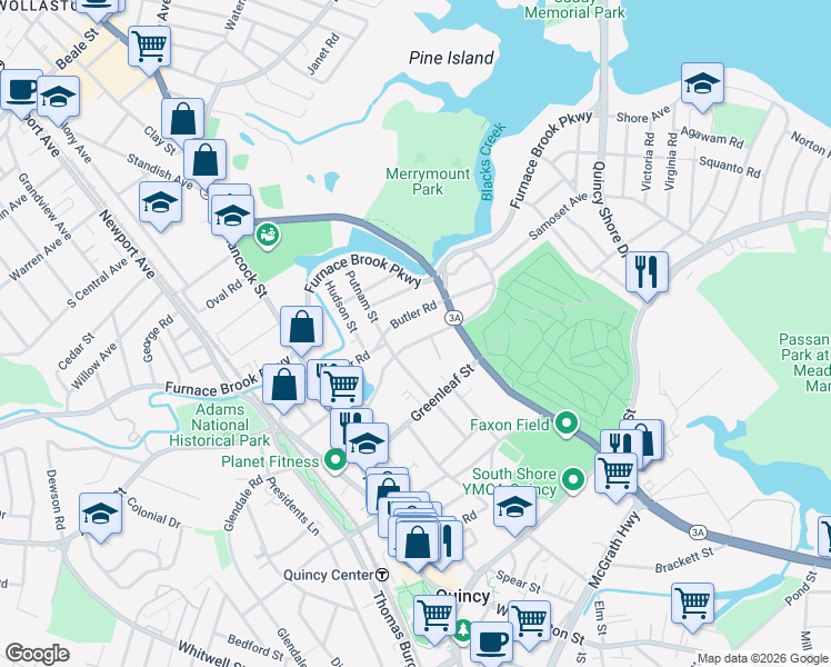 map of restaurants, bars, coffee shops, grocery stores, and more near 107 Butler Road in Quincy