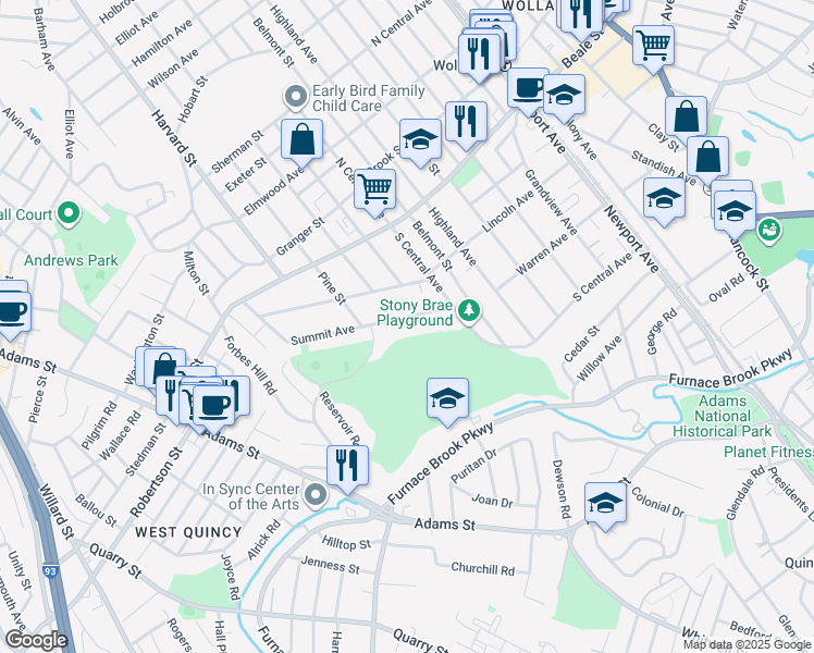 map of restaurants, bars, coffee shops, grocery stores, and more near 19 Summit Avenue in Quincy