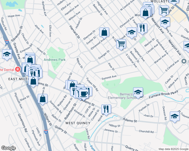 map of restaurants, bars, coffee shops, grocery stores, and more near 133 Hillside Avenue in Quincy