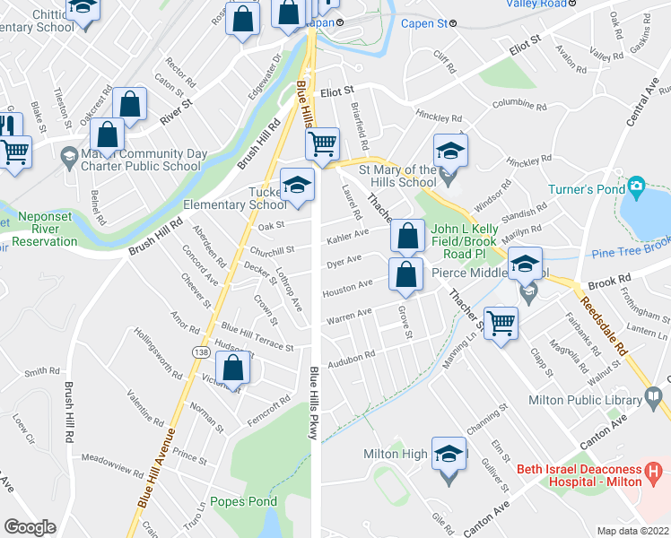 map of restaurants, bars, coffee shops, grocery stores, and more near 24 Dyer Avenue in Milton