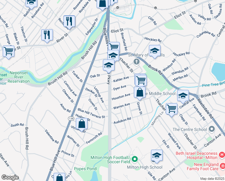 map of restaurants, bars, coffee shops, grocery stores, and more near 24 Dyer Avenue in Milton