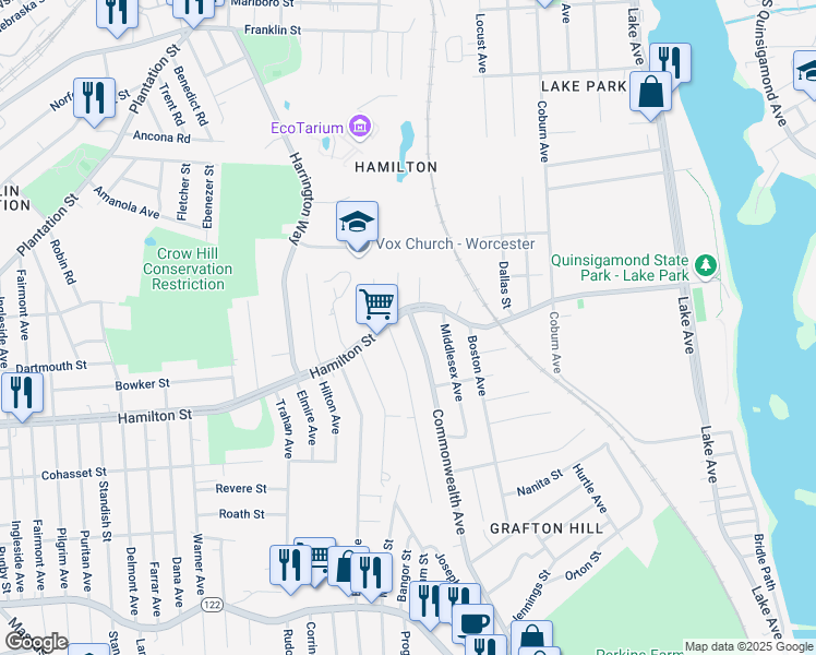 map of restaurants, bars, coffee shops, grocery stores, and more near 407 Hamilton Street in Worcester