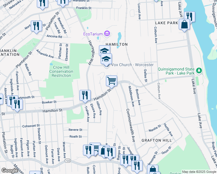 map of restaurants, bars, coffee shops, grocery stores, and more near 3 Jonathan Circle in Worcester