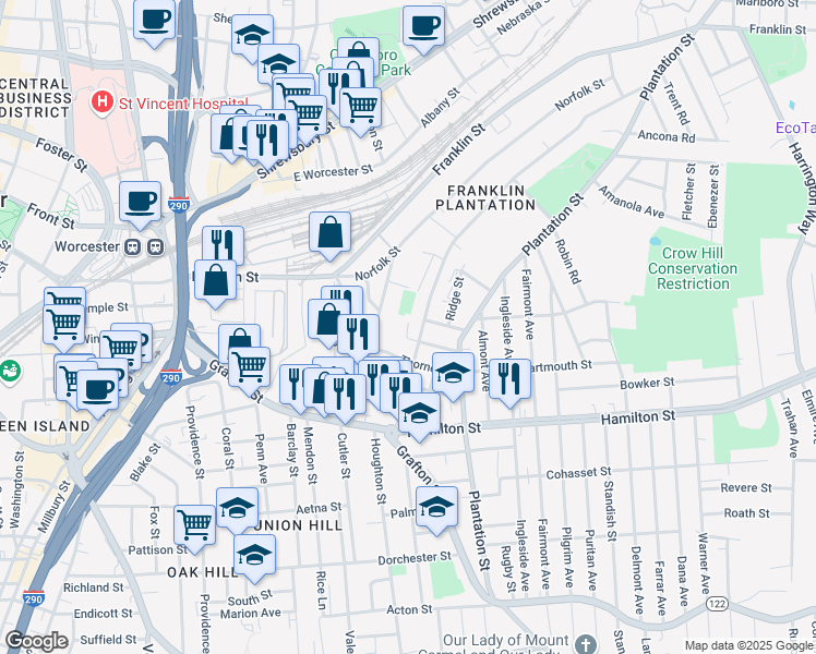 map of restaurants, bars, coffee shops, grocery stores, and more near 51 Orient Street in Worcester