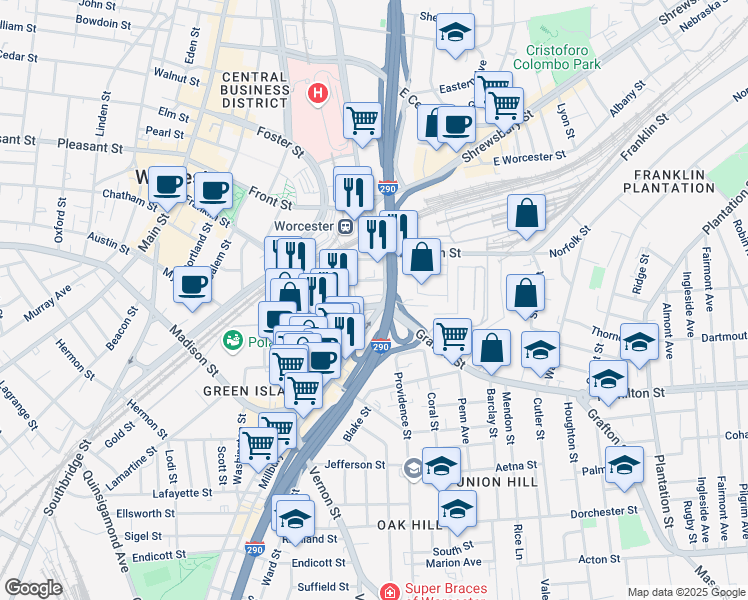 map of restaurants, bars, coffee shops, grocery stores, and more near 87 Temple Street in Worcester