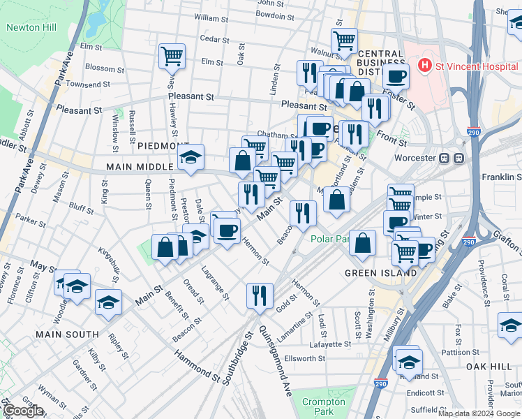 map of restaurants, bars, coffee shops, grocery stores, and more near 662 Main Street in Worcester
