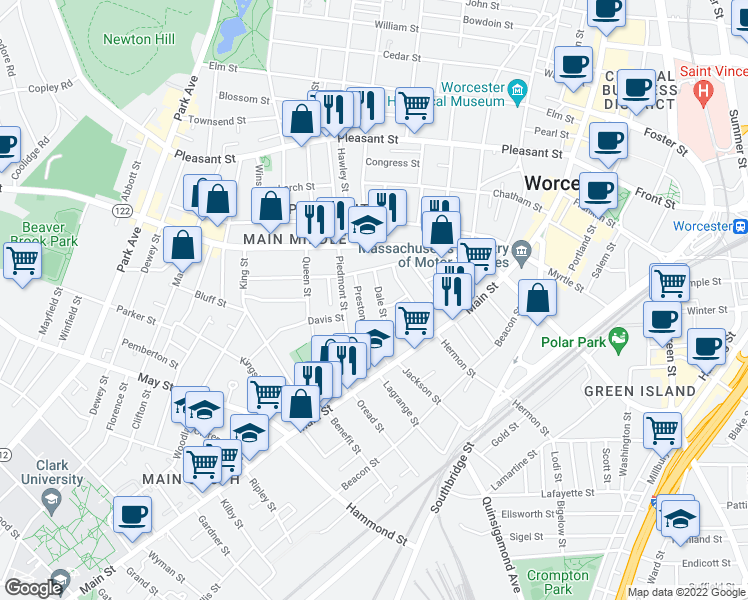 map of restaurants, bars, coffee shops, grocery stores, and more near 19 Jaques Avenue in Worcester
