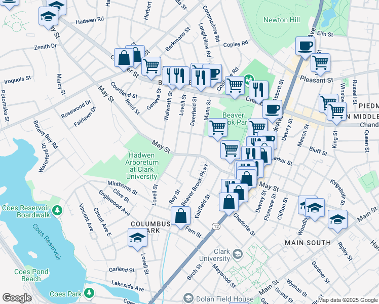 map of restaurants, bars, coffee shops, grocery stores, and more near 72 Deerfield Street in Worcester