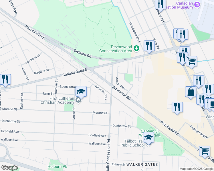 map of restaurants, bars, coffee shops, grocery stores, and more near 1450 Provincial Road in Windsor