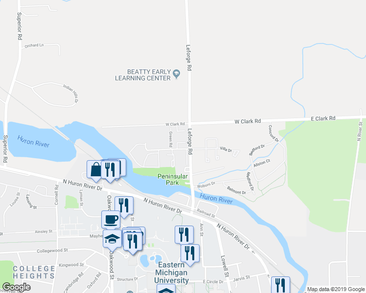 map of restaurants, bars, coffee shops, grocery stores, and more near 1433 Leforge Road in Superior Charter Township