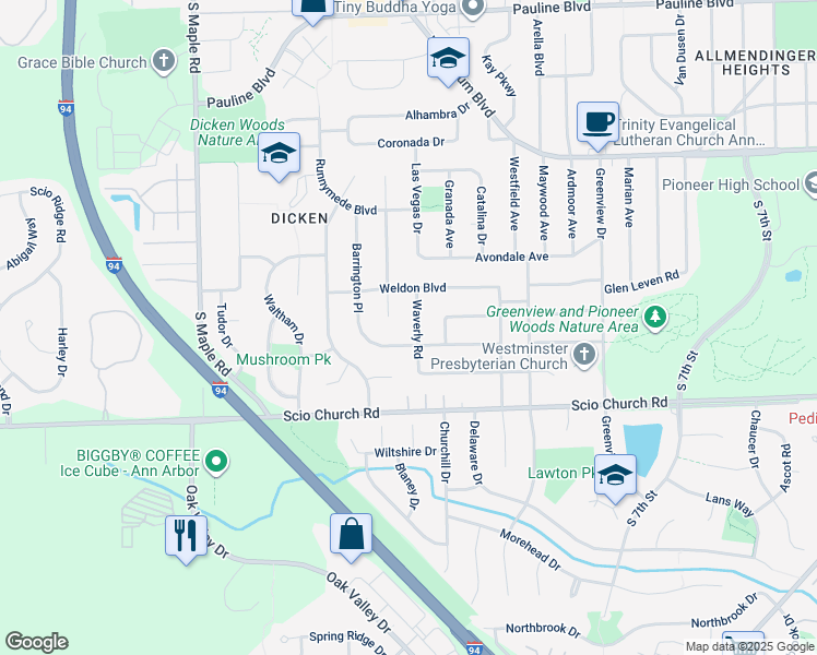 map of restaurants, bars, coffee shops, grocery stores, and more near 1711 Glastonbury Road in Ann Arbor
