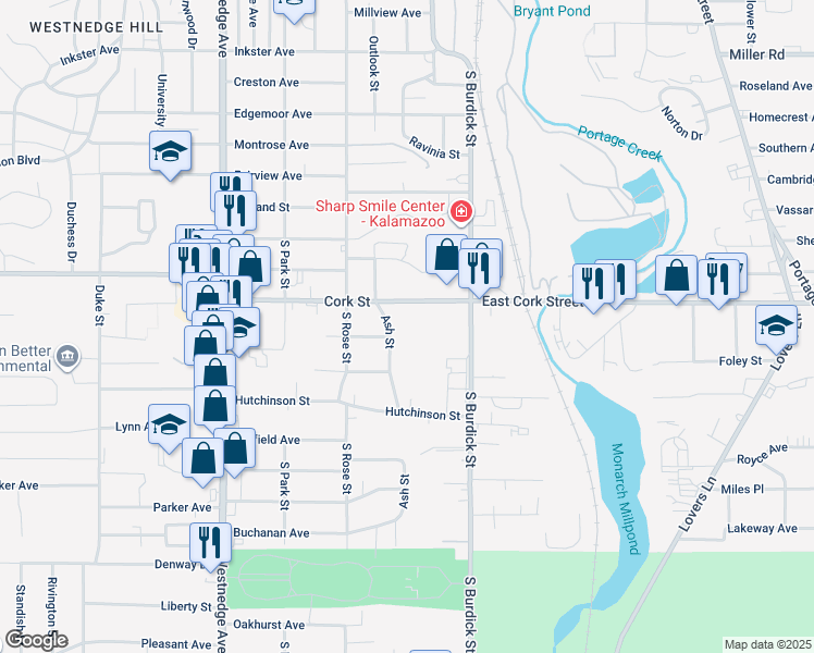 map of restaurants, bars, coffee shops, grocery stores, and more near 114 West Cork Street in Kalamazoo