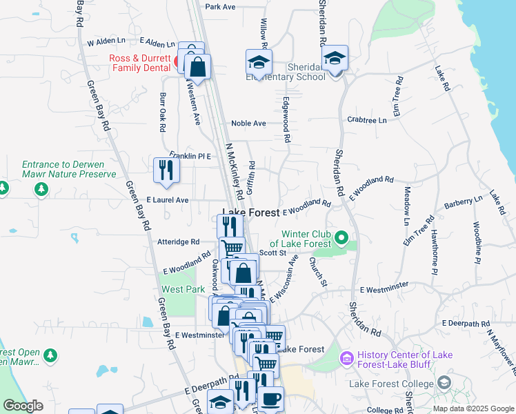 map of restaurants, bars, coffee shops, grocery stores, and more near 1077 Griffith Road in Lake Forest