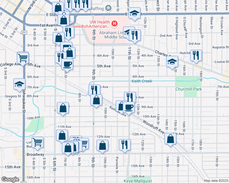 map of restaurants, bars, coffee shops, grocery stores, and more near 1358 7th Avenue in Rockford