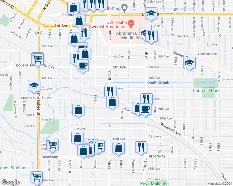 map of restaurants, bars, coffee shops, grocery stores, and more near 1320 7th Avenue in Rockford