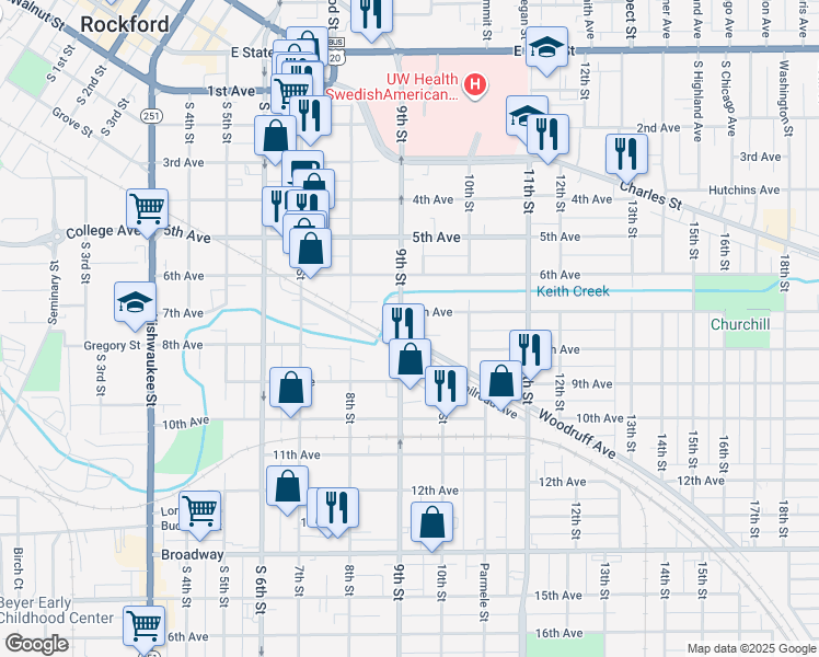 map of restaurants, bars, coffee shops, grocery stores, and more near 1320 7th Avenue in Rockford