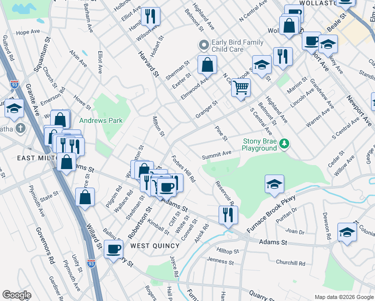 map of restaurants, bars, coffee shops, grocery stores, and more near 133 Hillside Avenue in Quincy