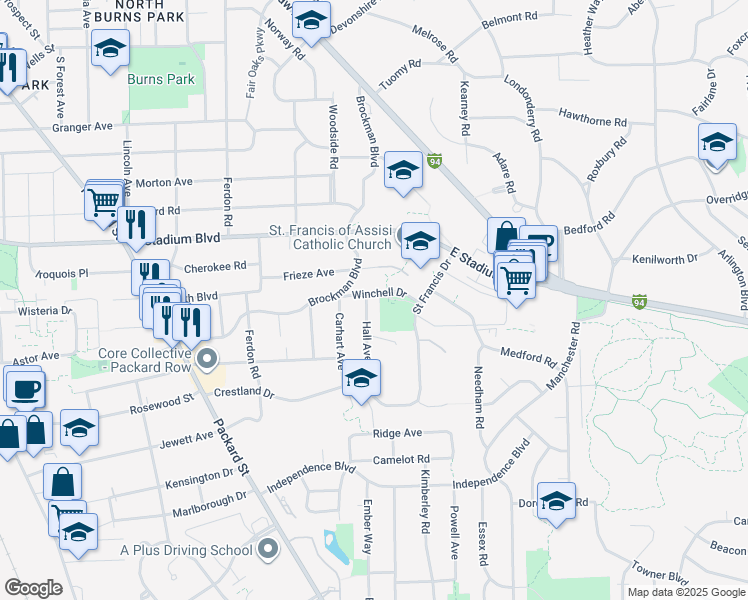 map of restaurants, bars, coffee shops, grocery stores, and more near 2115 Winchell Drive in Ann Arbor
