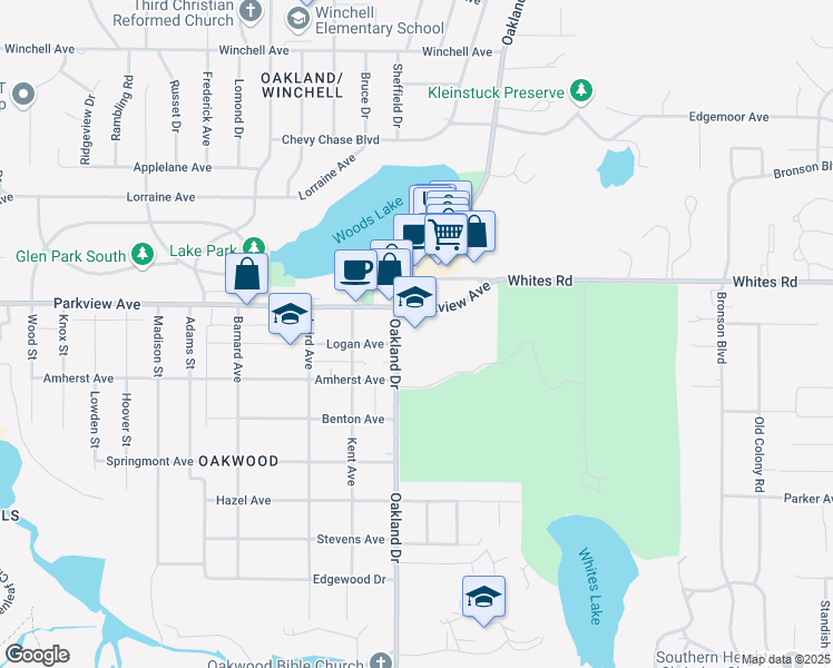 map of restaurants, bars, coffee shops, grocery stores, and more near 3215 Oakland Drive in Kalamazoo
