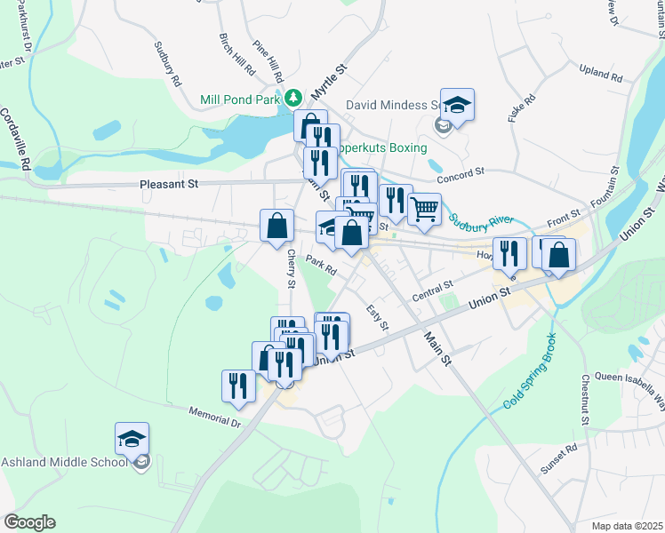 map of restaurants, bars, coffee shops, grocery stores, and more near 33 Park Road in Ashland