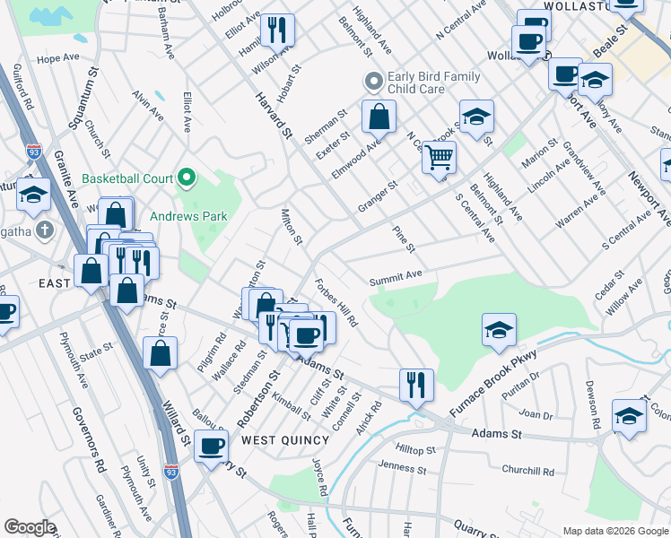 map of restaurants, bars, coffee shops, grocery stores, and more near 401 Beale Street in Quincy
