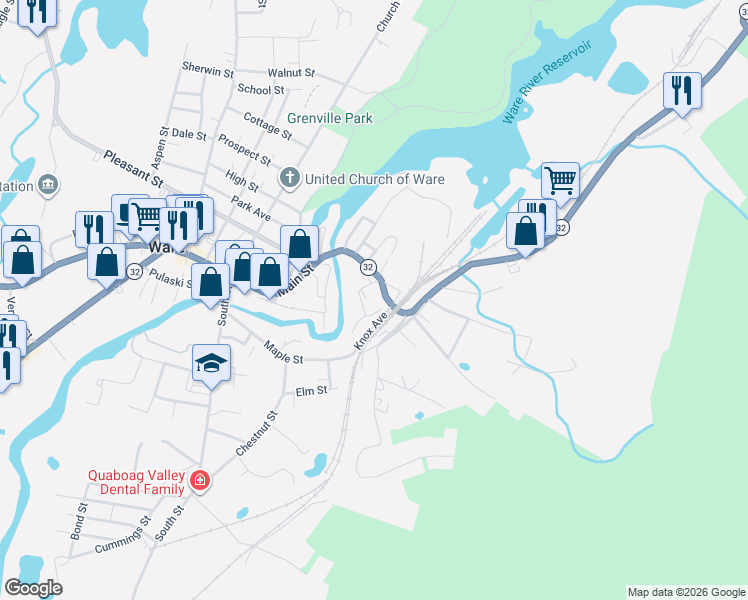 map of restaurants, bars, coffee shops, grocery stores, and more near 55 East Street in Ware