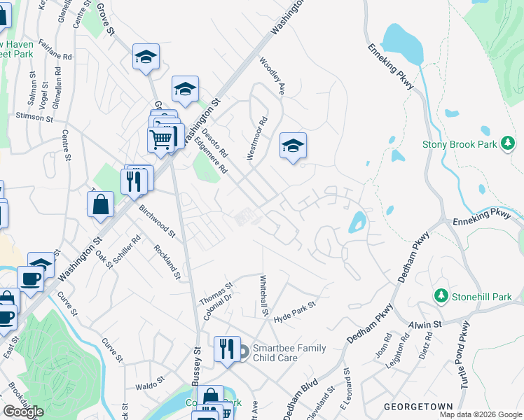 map of restaurants, bars, coffee shops, grocery stores, and more near 114 Edgemere Road in Boston