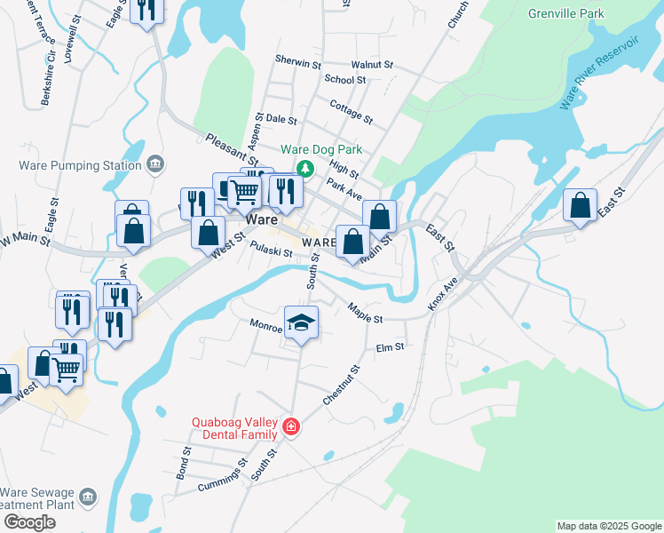 map of restaurants, bars, coffee shops, grocery stores, and more near 50 East Main Street in Ware