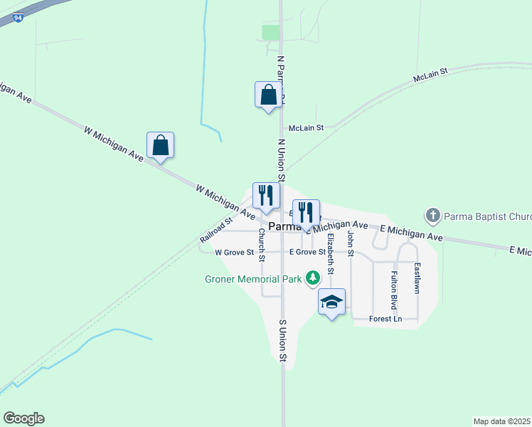 map of restaurants, bars, coffee shops, grocery stores, and more near 121 West Main Street in Parma