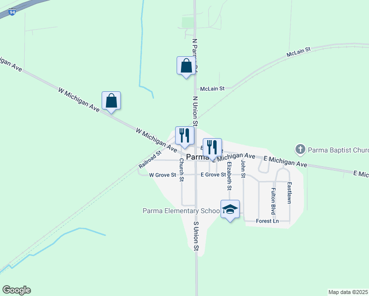 map of restaurants, bars, coffee shops, grocery stores, and more near 121 West Main Street in Parma