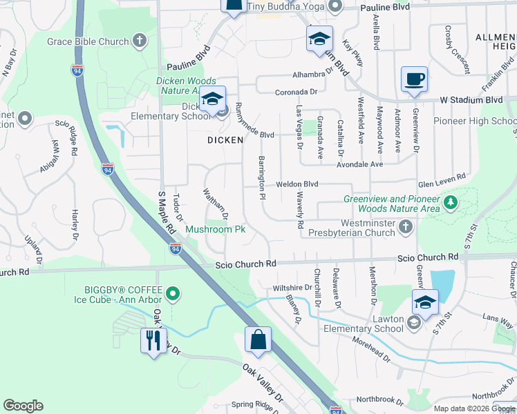 map of restaurants, bars, coffee shops, grocery stores, and more near 1724 Barrington Place in Ann Arbor