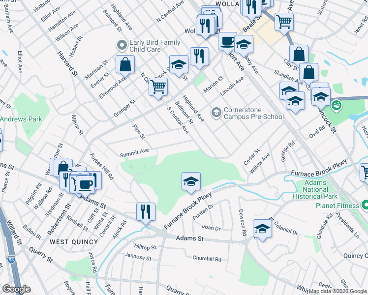 map of restaurants, bars, coffee shops, grocery stores, and more near 19 Summit Avenue in Quincy